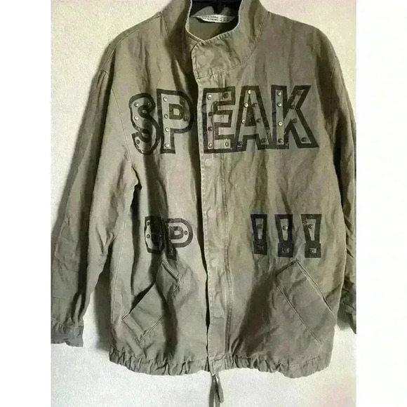 Zara Military Speak Up Trench Motor Biker Graphic Bird Olive Green Jacket XS - Picture 2 of 15